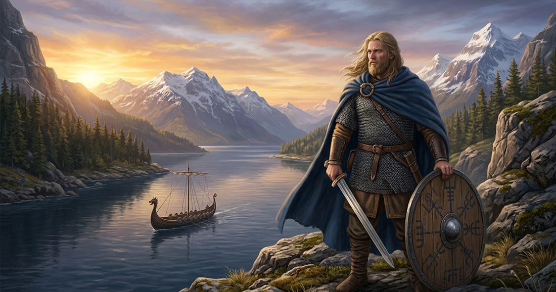 Frithiof the Bold – Legendary Norse Hero Overlooking a Norwegian Fjord