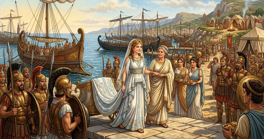 Princess Iphigenia arrives at the Greek camp in Aulis before the Trojan War