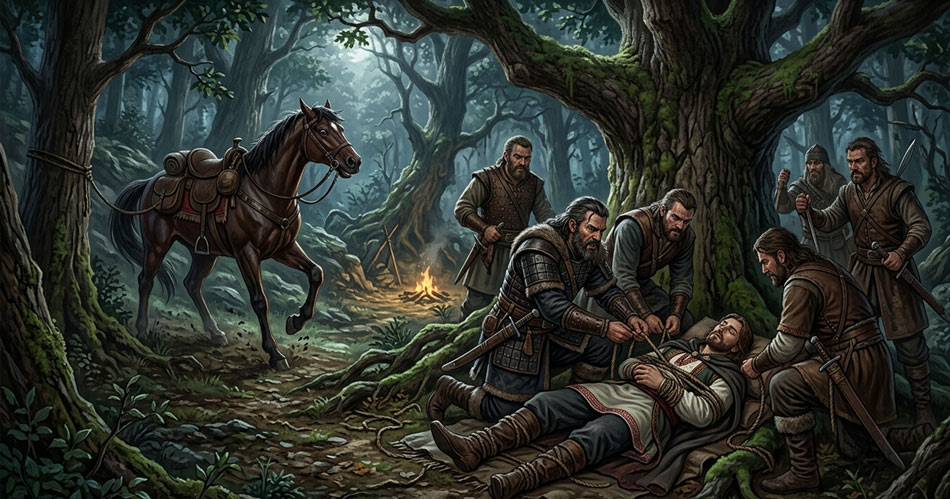 Kralewitz Marko tied up by Arbanas Nedza and his raiders while sleeping beneath a tree in a Serbian folk legend