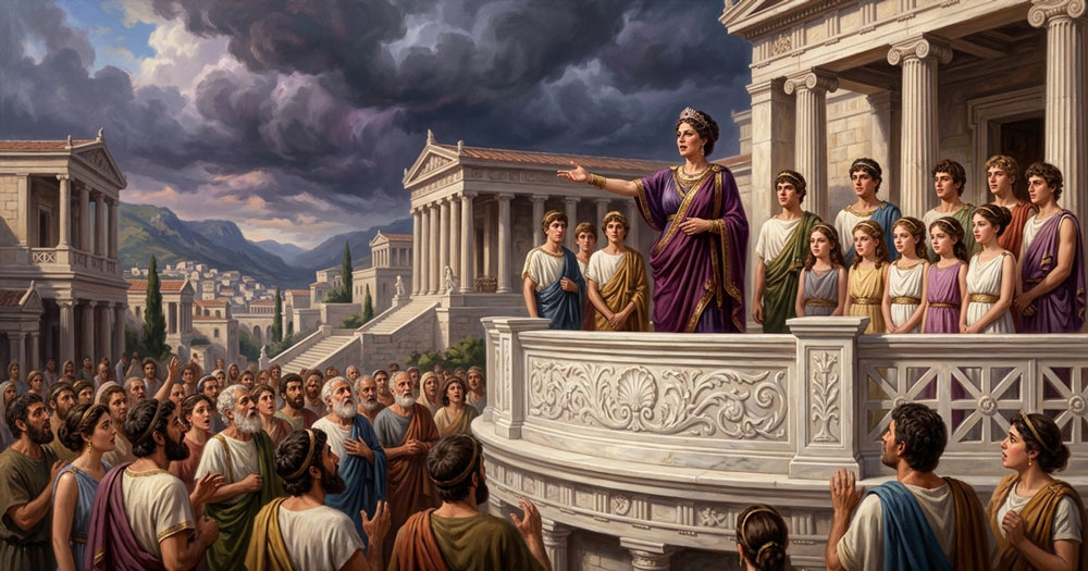 Queen Niobe proudly standing with her fourteen children before the people of Thebes in an ancient Greek mythology illustration.