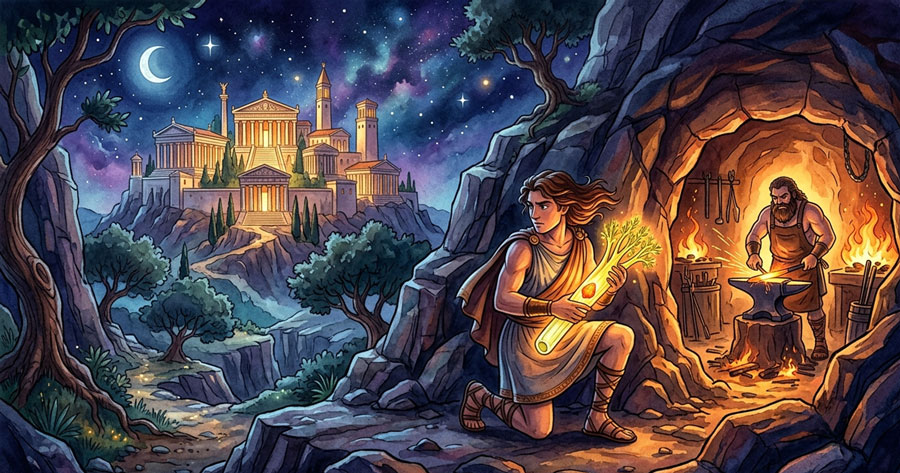 Prometheus stealing fire from Olympus to give humanity in Greek mythology