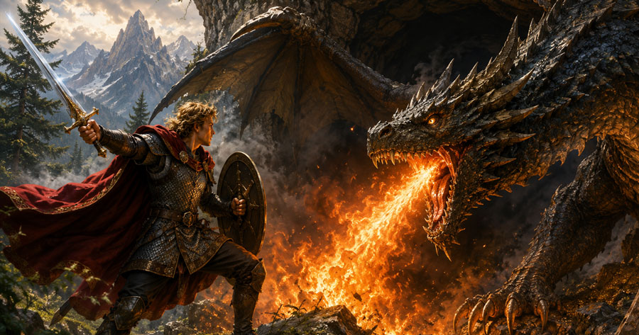 Siegfried battles the dragon Fafnir outside a rocky cave in a legendary Germanic tale.