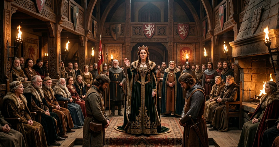 Princess Libuscha delivers her wise judgment before two brothers in a medieval Bohemian royal court.