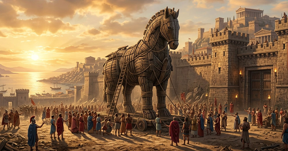 The giant wooden Trojan Horse standing outside the ancient city of Troy during the Trojan War in Greek mythology