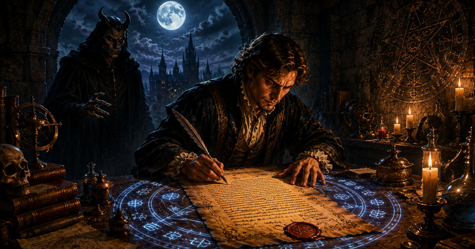 Twardowski signs a magical bargain in a medieval chamber while a mysterious figure watches.