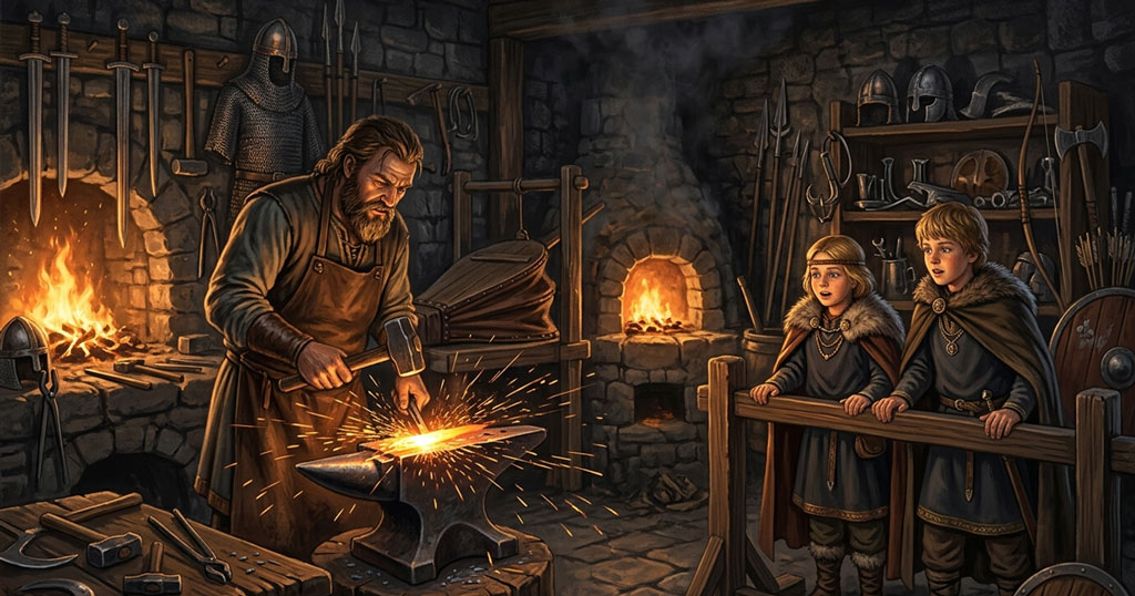 Young princes watch Wayland the Smith forge weapons in his medieval workshop.