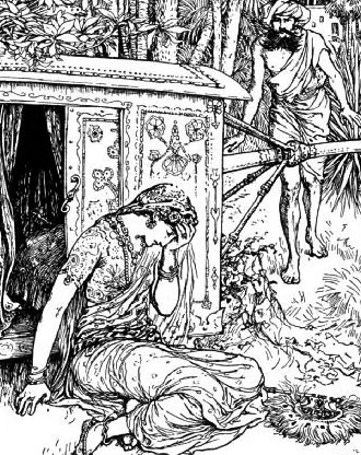 The farmer finds the queen weeping by the palanquin