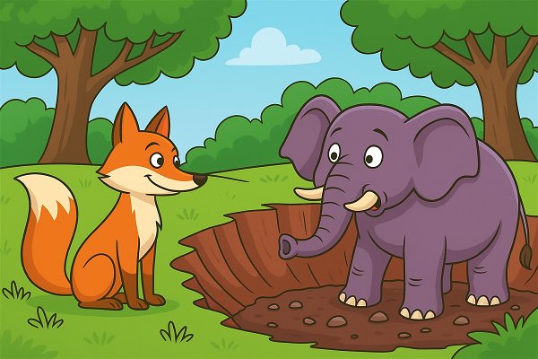 An arrogant elephant stuck and sinking in a muddy swamp while a clever fox stands on solid ground, delivering a final message