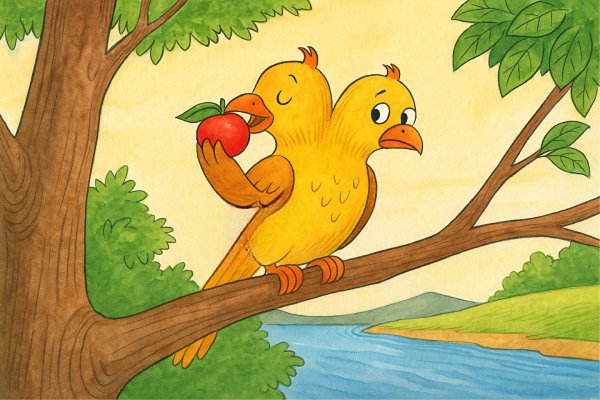 A two-headed bird perched on a tree by a river, one head eating a fruit while the other watches sadly