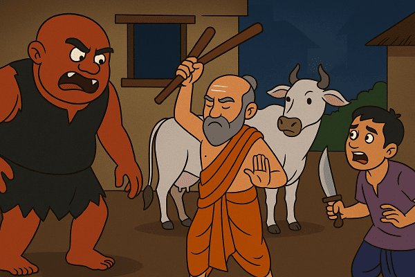 A Panchatantra scene showing the Brahmin confronting a thief and a giant in front of his cow