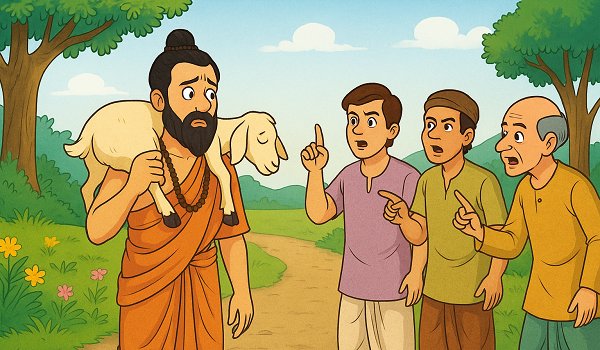 A Brahmin carrying a goat, confronted by three different men calling it a dog, a calf, and a donkey
