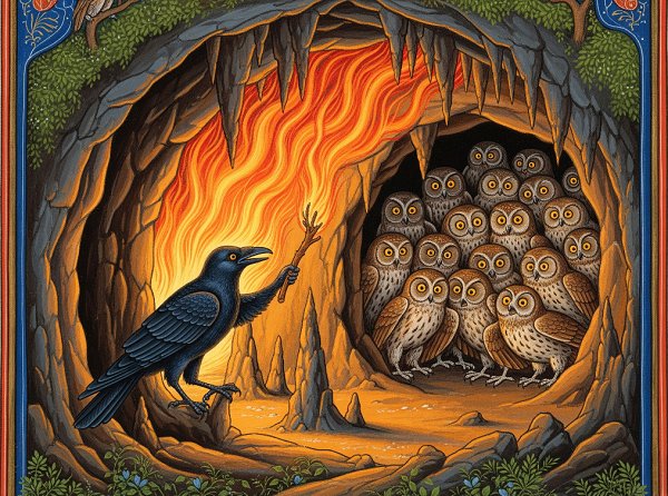 The Panchatantra story showing a crow setting fire to the entrance of a cave, with owls silhouetted inside