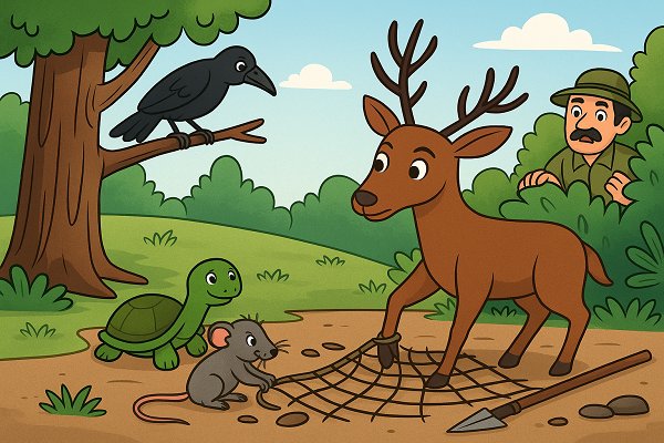 A deer, crow, mouse, and turtle working together to save each other from a hunter