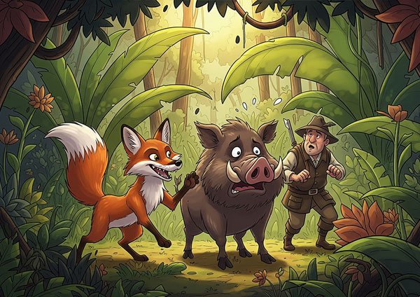 A jackal lies dead, his head pierced by a boar's tusk, illustrating the moral that greed leads to ruin.