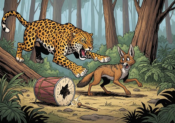 A leopard pouncing on a jackal next to a broken, empty drum in a jungle