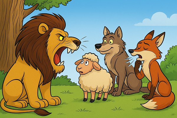 A lion with open mouth facing a sheep, a wolf, and a fox who is coughing