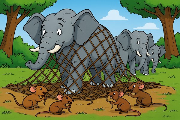 Cartoon of tiny mice gnawing a net to free trapped elephants in a forest clearing