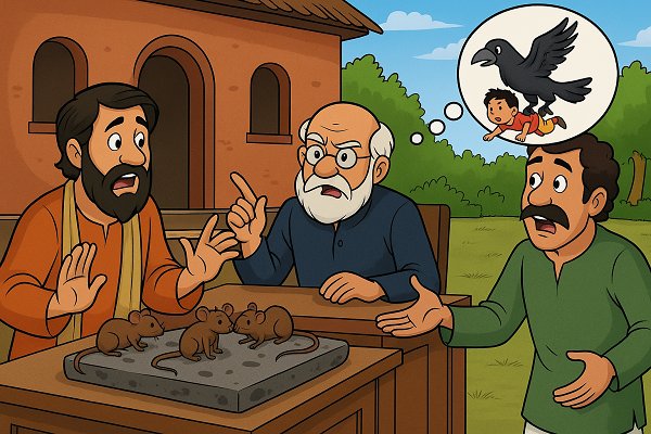 one merchant claiming mice ate an iron balance, and another merchant saying a bird carried off a boy standing before a judge in a village court