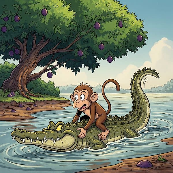 A monkey riding a crocodile in a river whose face shows a mix of surprise and wit, contrasting with the crocodile's cunning expression