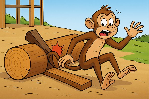 A playful monkey pulling a wedge from a log, causing the log to snap shut and injure its tail
