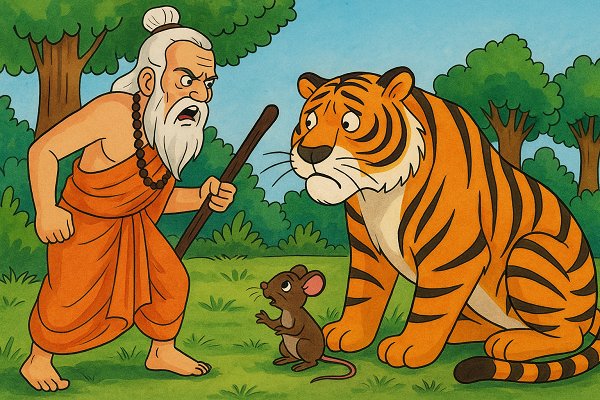 A furious sage transforms an arrogant tiger back into a small mouse