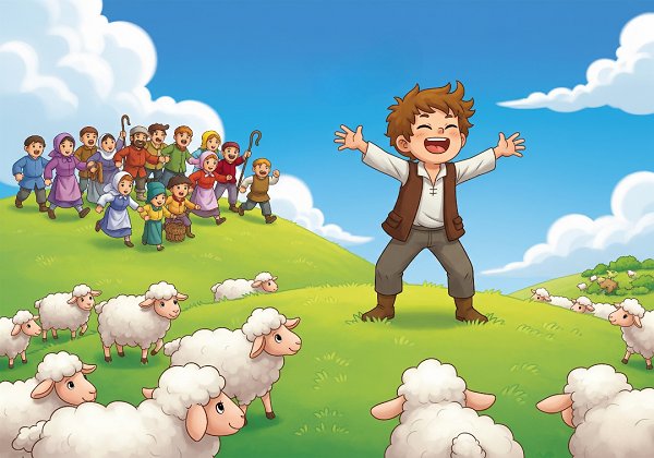 A shepherd boy on a grassy hill shouting wolf as a joke