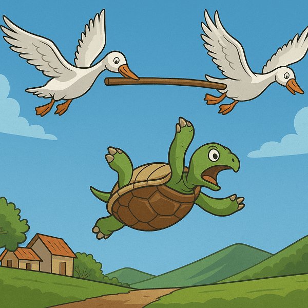 A tortoise falling mid-air after opening its mouth - from the Panchatantra story The Talkative Tortoise