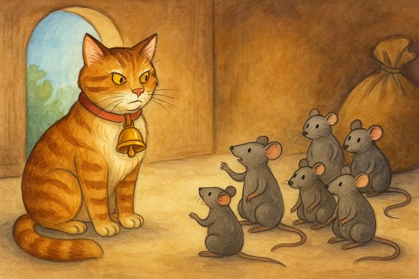 A group of mice discussing how to put a bell on a big fat cat