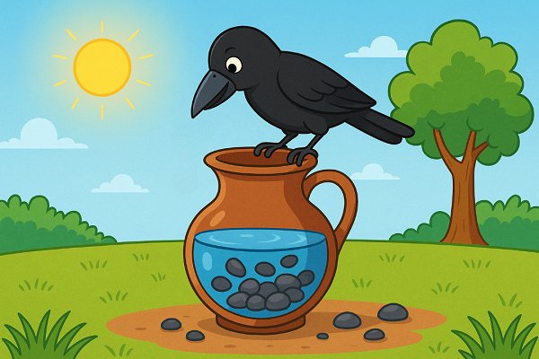 A black crow perched on the rim of a clay pitcher, dropping a pebble into it with its beak, demonstrating its intelligence and problem-solving skills