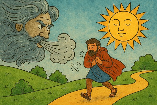 The Wind blowing fiercely and the Sun shining brightly as a traveler walks down a path