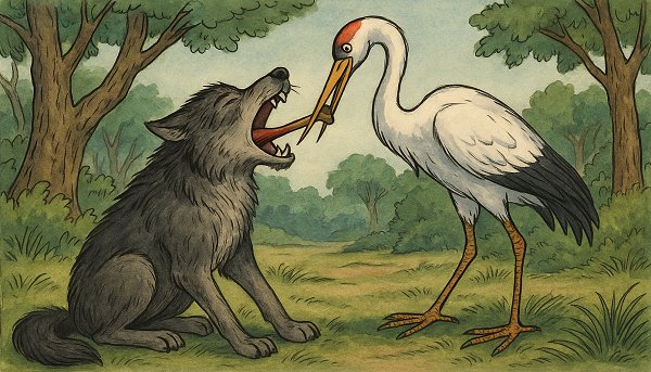 Illustration of the crane removing a bone from the greedy wolf's throat