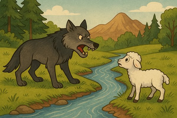A wolf accusing a small lamb at a riverbank in a forest