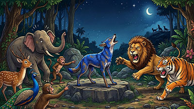 Jackal dyed blue pretending to be king of the jungle animals