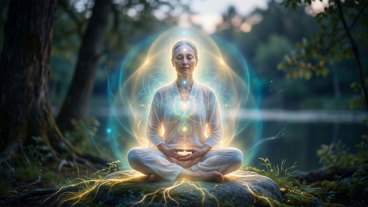 A meditating figure glowing with inner light representing Atman, the true self in Upanishads philosophy