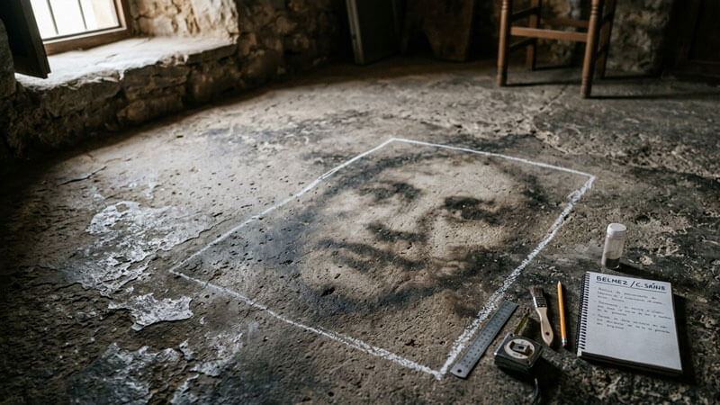 Faint face-like stain on a concrete floor in Bélmez de la Moraleda, Spain