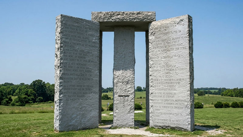 The Georgia Guidestones granite monument standing on a hilltop before its 2022 destruction
