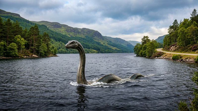 Illustration of the Loch Ness Monster legend in a misty Scottish lake