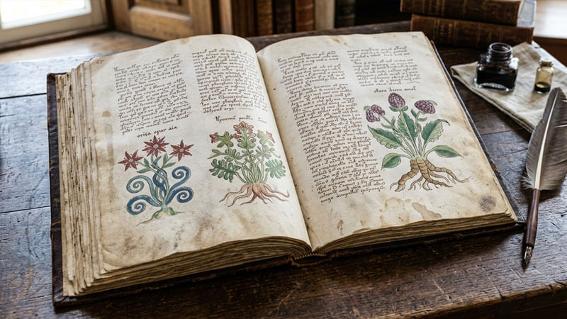 Open page of the Voynich Manuscript showing unknown script and plant drawings