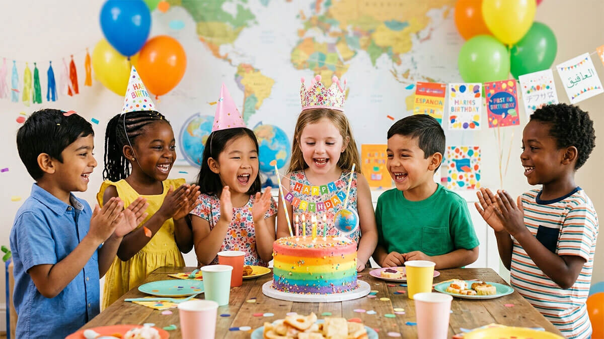 Birthday wishes in many languages with children celebrating