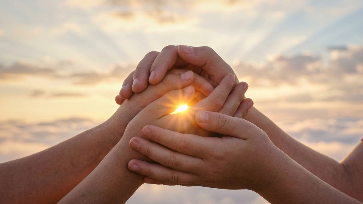 Hands gently holding a golden light symbolizing faith, belief, hope and inspiration