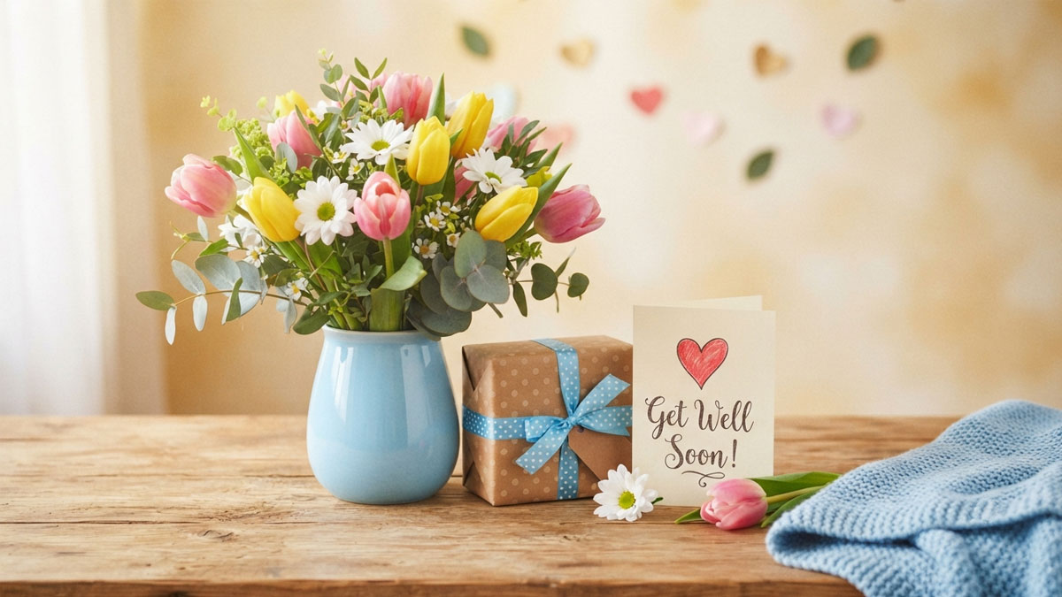 Get well soon greeting card with flowers and warm recovery wishes in many languages