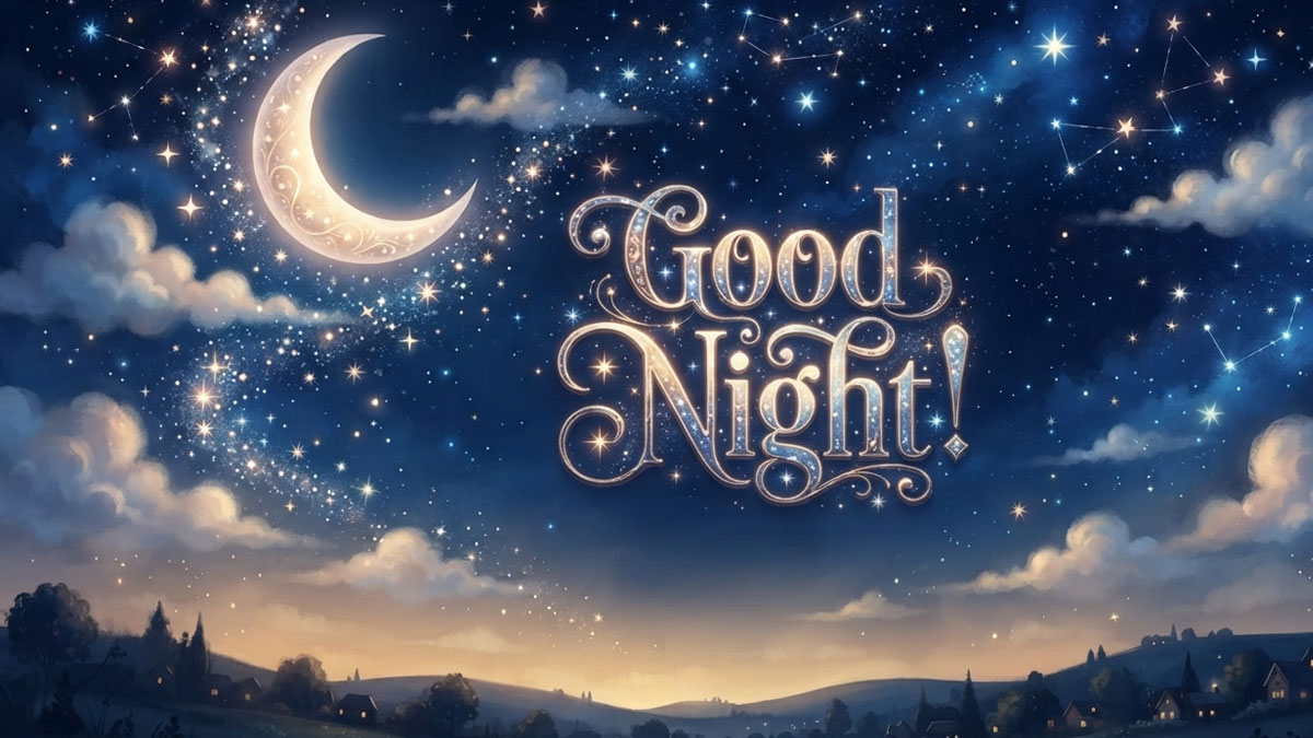 Magical starry night sky with a crescent moon, clouds, and golden horizon for children learning good night wishes in different languages.