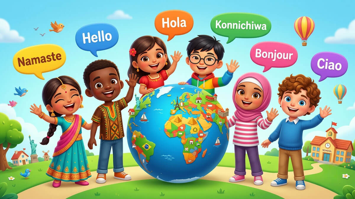 Children from different cultures waving hello with greetings in different languages around the world